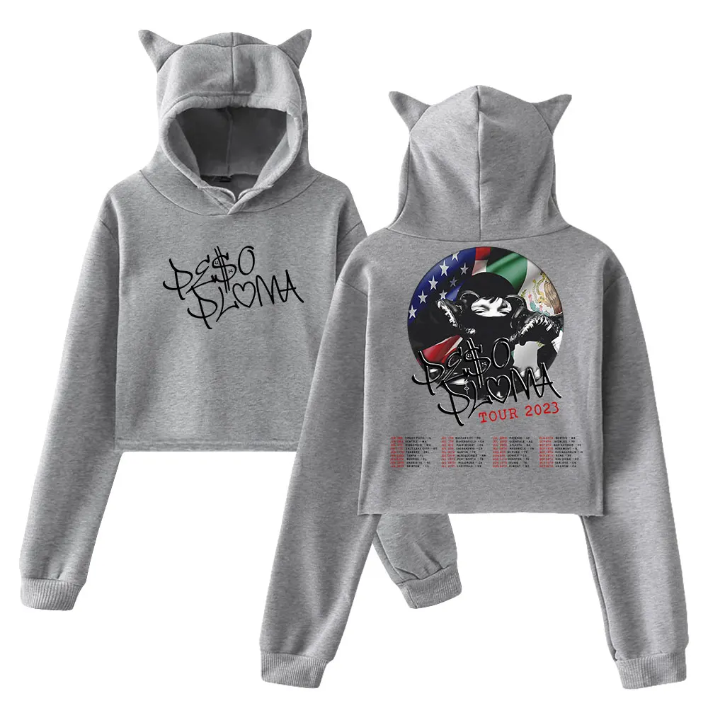 Peso Pluma Flag Tour Pullover Katzenohren Hoodie Mode Langarm Sweatshirts Weibliches Crop Top 2023 World Tour Damenbekleidung