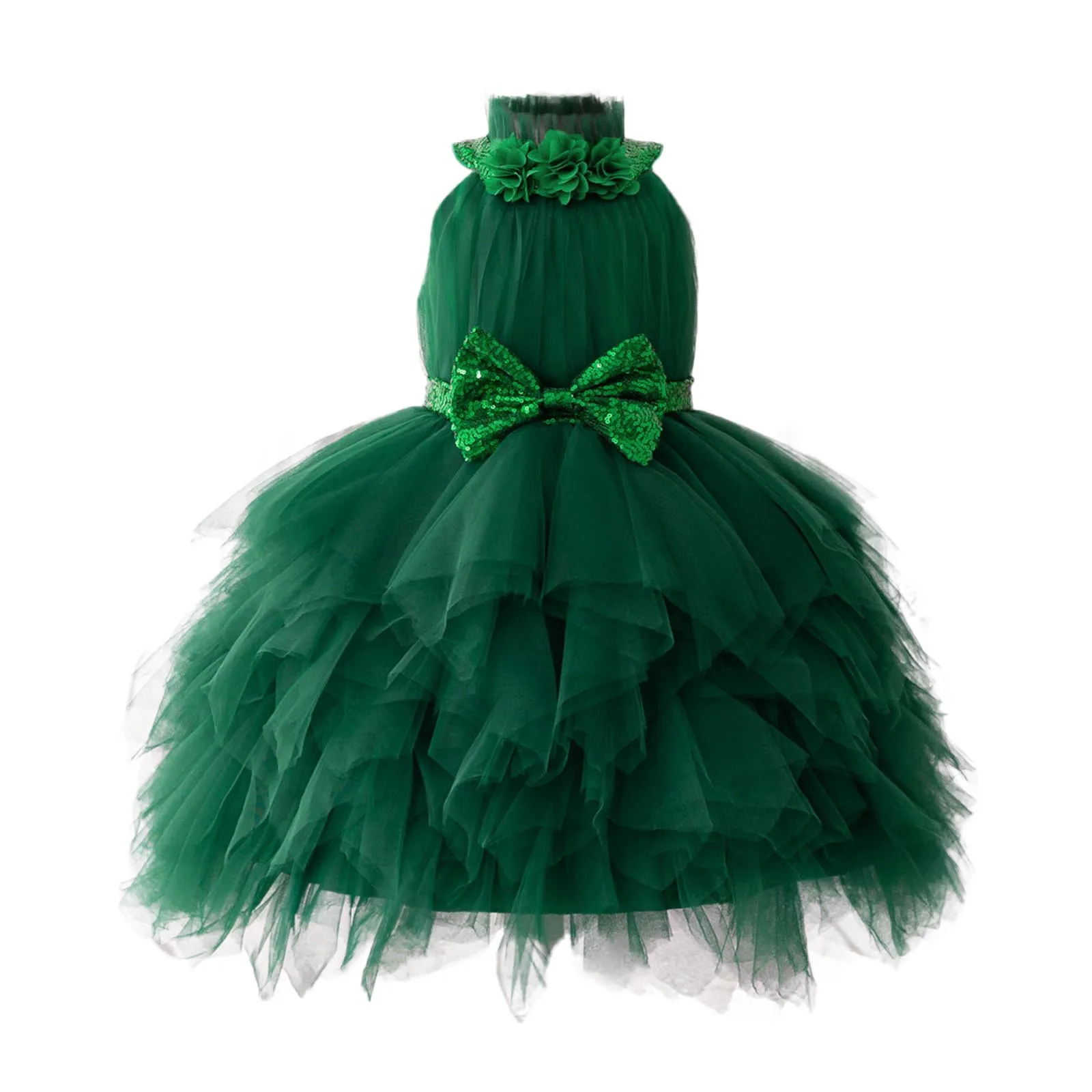 Vestidos verdes para fiesta de Navidad para niñas, disfraz de Carnaval, lazo elegante, malla de flores, vestido de princesa para cumpleaños y boda, disfraces de graduación para niños