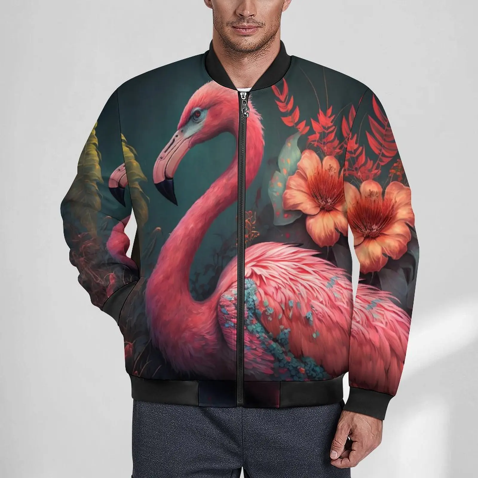 Flamingo Modern Art Casual Jackets Red Flower With Pockets Windbreakers Mens Pattern Coats Autumn Kawaii Loose Jacket Large Size