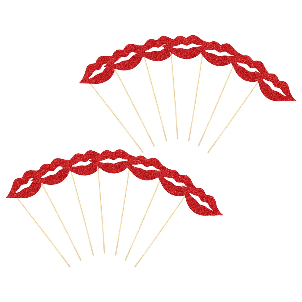 

20pcs Lips Photo Props Birthday Supplies Red Wood Cutouts Reusable Wedding Festival Handheld Photoshoot