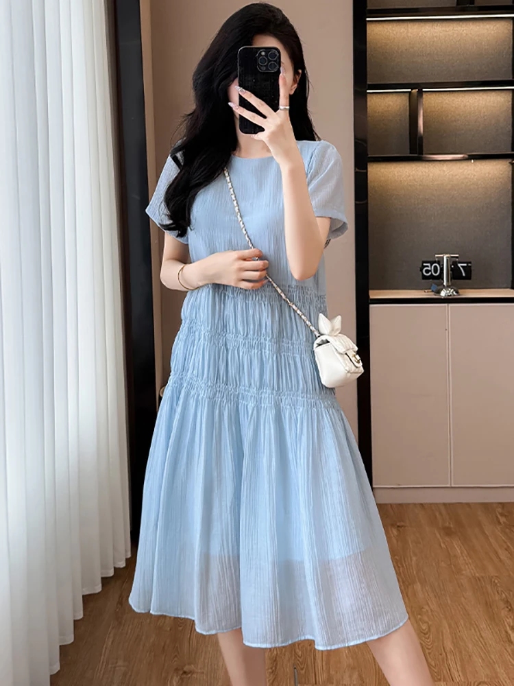 

Летнее синее плиссированное повседневное платье с короткими рукавами, женское корейское модное элегантное праздничное платье, новинка 2025 года, облегающее вечернее платье и мероприятия