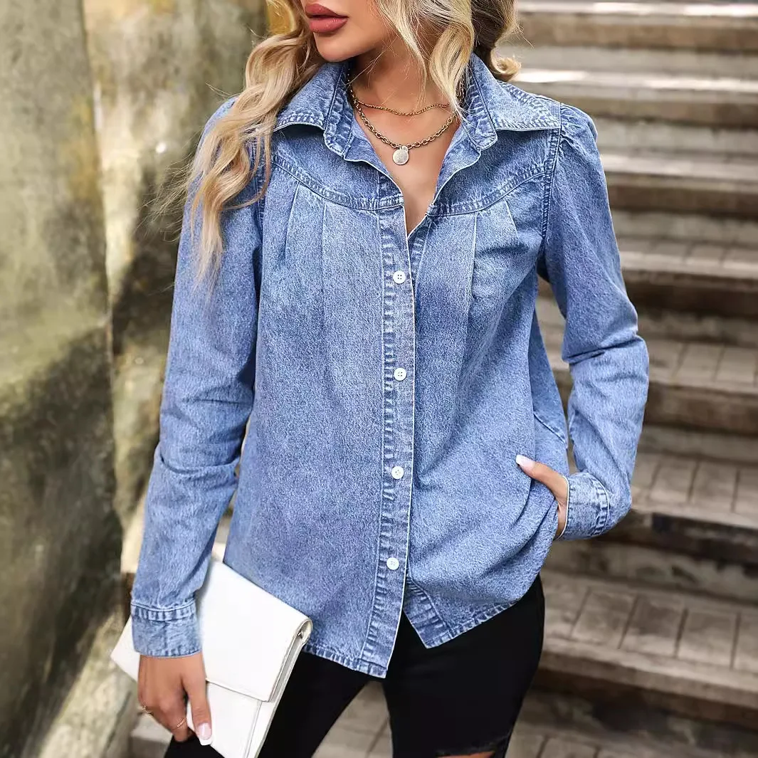 Women's Blue Denim Shirt, Vintage Button-Down Blouse with Puff Shoulders, Casual Long-Sleeve Top with Pleated Chest Detail