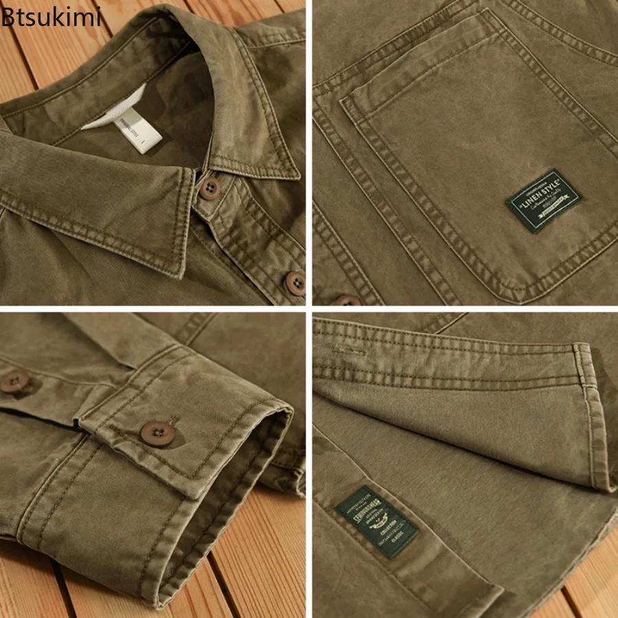 Classic Retro Cargo Shirts Men's 100% Cotton Long Sleeve Lapel Shirt Jackets Spring Autumn New Casual Cardigans Male Loose Tops