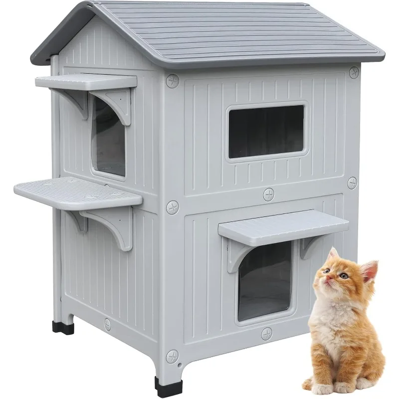 

Plastic Outdoor Cat House With Escape Door, Waterproof 2 Story Outdoor Houses For Feral Cats Outside Cat Shelter, Spacious