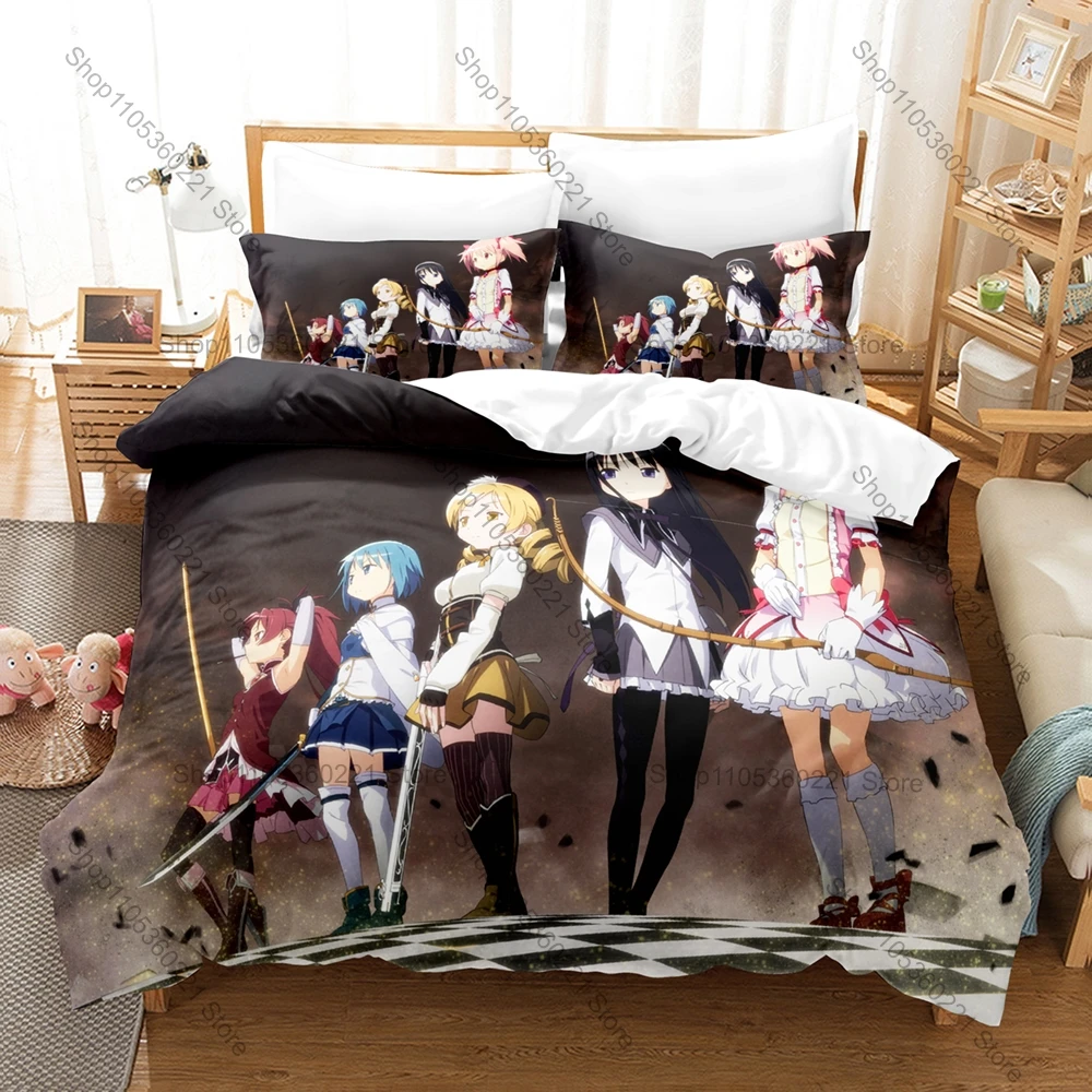 Puella Magi Madoka Magica Duvet Cover + 2 Pillowcases, Magical Girl Anime Print Bedding Set Soft Fabric for Fans Decor & Gifts