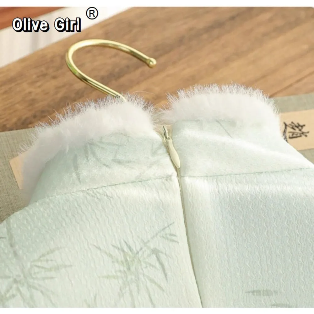 فستان تشيباو الشتوي Cheongsams سميك أخضر قطيفة بياقة أنيقة عالية الجودة وأكمام مقلوبة الدفء الملابس الصينية التقليدية #4