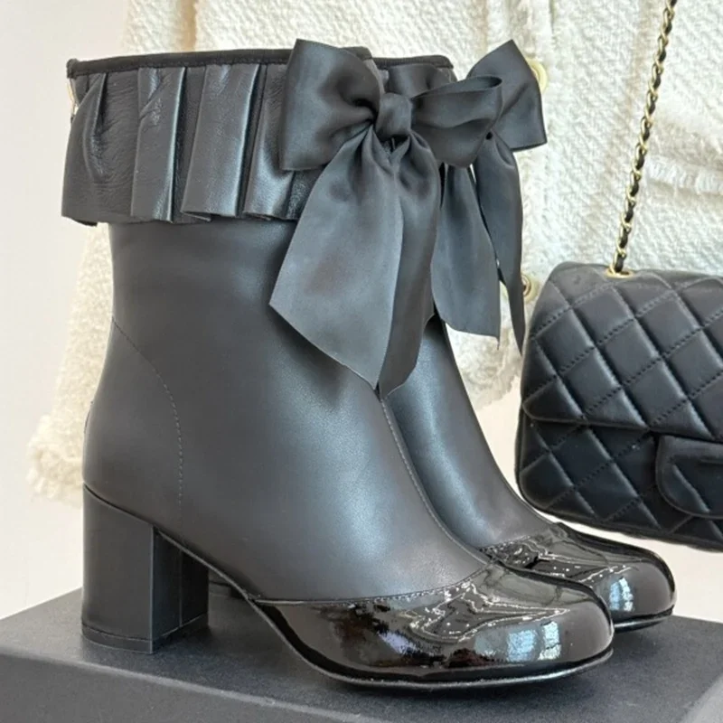 

Butterfly Knot Patchwork Leather Ankle Boots Sexy Pointed Toe Square Heel Accetp Customized New Arrivals Fashion Women Boots