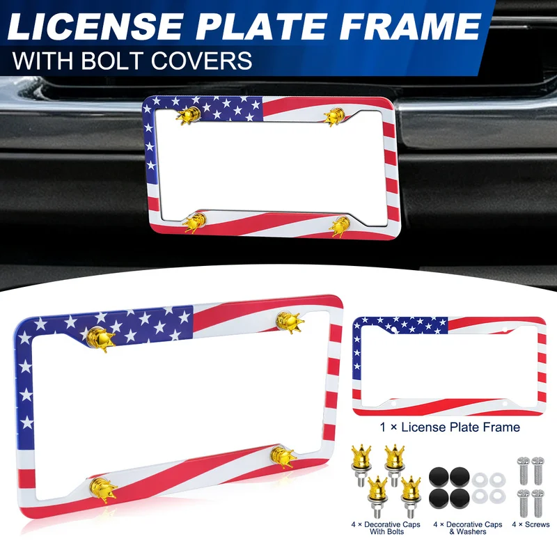 USA Flag Patriotic Car License Plate Frame with Gold Crown Style Decorative Bolt Covers for US License Plate