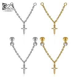 ASTM F136 Titanium Drop Pendant sword Stud Earring with Dangle Chain Helix Cartilage Tragus Lip Flat Back Piercing 16G