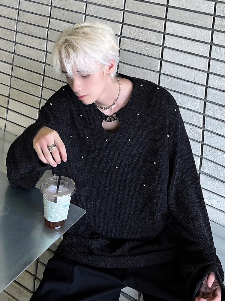 

Bla Autumn Men's Long Sve round Ne Knitted Sweater Casual Inner Wear Pearl Embellied American Sle T-irt