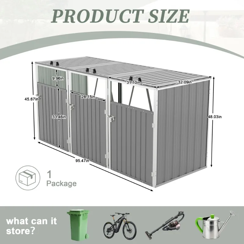 Grey 3 Trash Cans Garbage Bin Shed with Pneumatic Support Rod Lockable Doors Waterproof Lid for Patio Garden Backyard