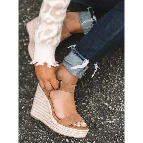 2024 sommer Sandalen Frauen Keile Plattform Damen Hanf Schuhe Damen Candy Farbe Casual Mädchen Slip auf Strap Kreuz Mädchen Plus größe – Detail 3