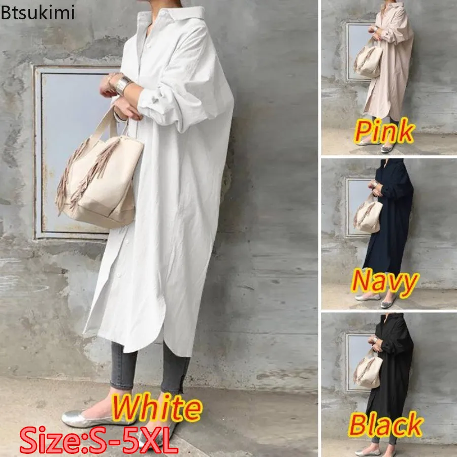 

Spring New Women's Long Shirt Dress Temperament Casual Loose Work OL Dresses Elegant Long Sleeve Solid Trench Coat Women Blouses