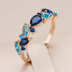 Kinel New 585 Rose Gold Color Ring For Women Luxury Blue Natural Zircon Leaf Ethnic Wedding Jewelry Daily Party Accessories