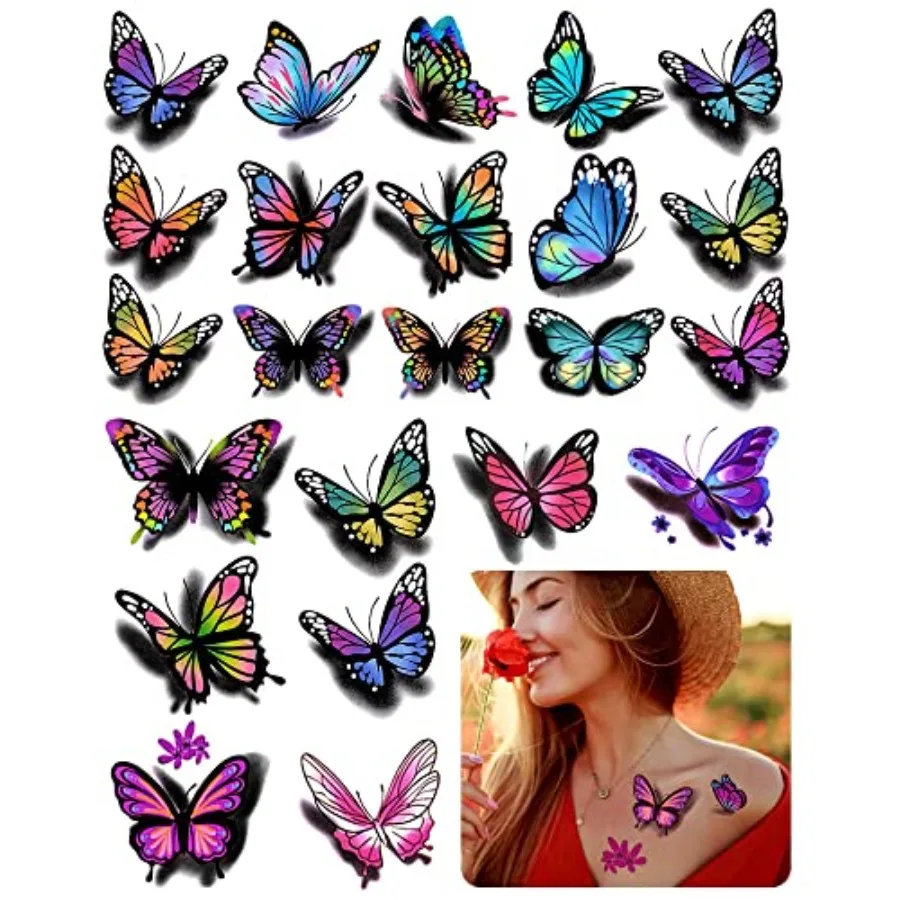 3D Butterflies and Flowers Temporary Stickers Tattoo, Colorful Body Art Tattoos for Women, 126Pcs 30 Sheets