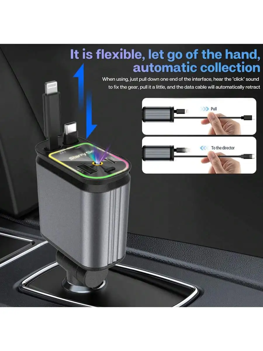 

66W 4-Port Retractable Car Charger Featuring Star Projector & RGB Breathing Light, Supports Lightning/Type-C/USB For iPhone