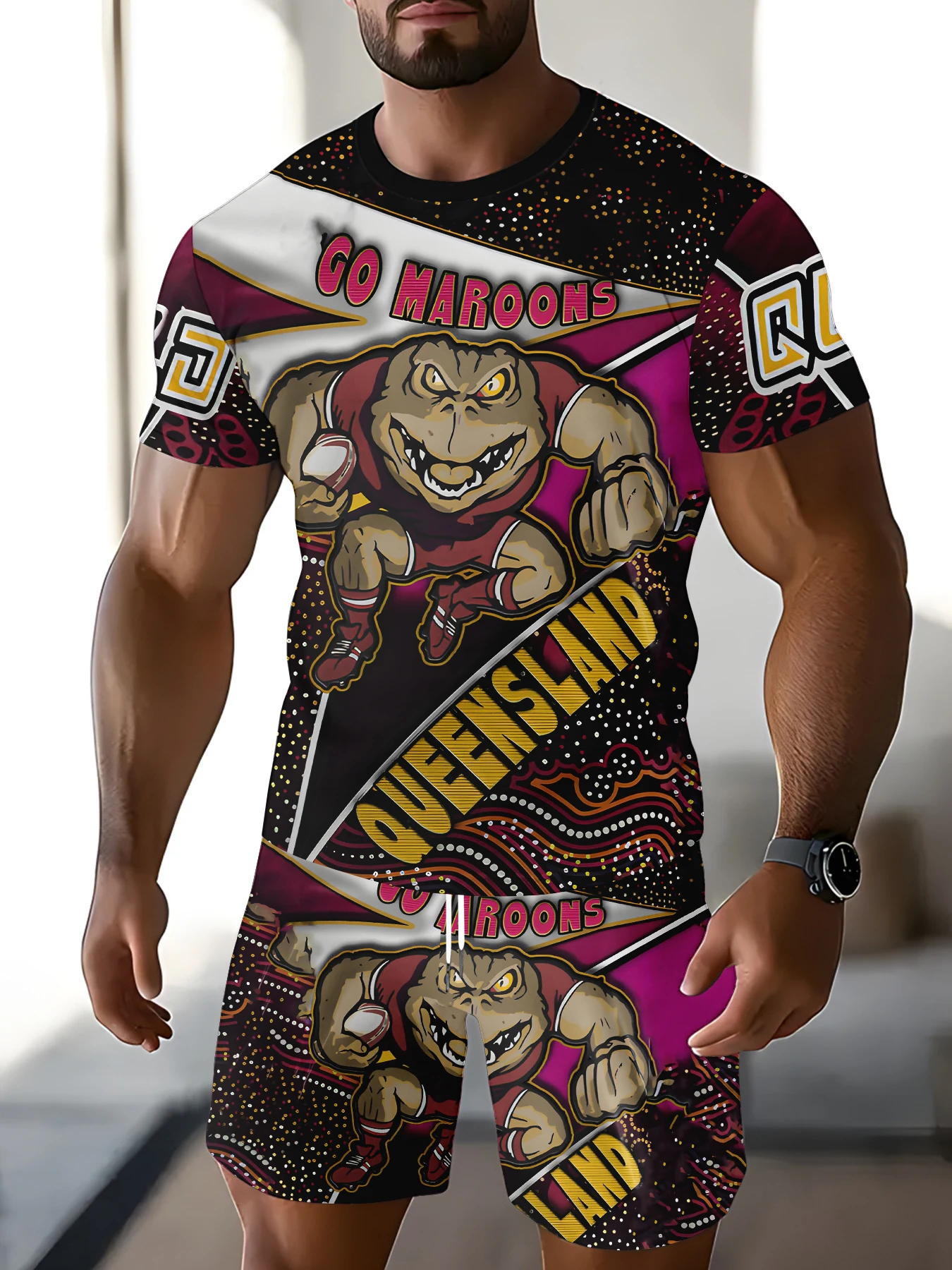 

Boys' Everyday Versatile Outfit, Colorful Team Print T-Shirt and Shorts, Comfortable Two-Piece Set for Going Out