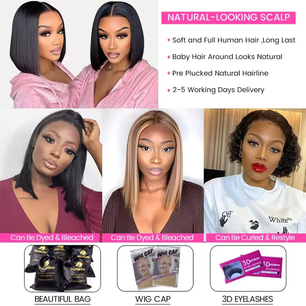 Mamushow Bob Wig straight Lace Front Human Hair Wigs  Short Bob Wig Pre-Plucked Natural Color Human Hair Lace Frontal Wigs