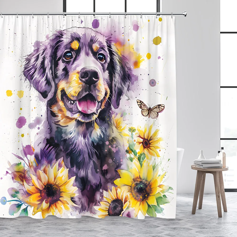 Funny Cat Shower Curtain Watercolour Sunflower Purple Lavender Floral Butterfly Cute Animal Bathroom Curtains Fabric Home Decor