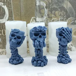 Three Halloween Skull Rose Candle Silicone Mold 3D Evil Hand Skull Head Scented Candle Plaster Resin Mould Halloween Decor Gifts