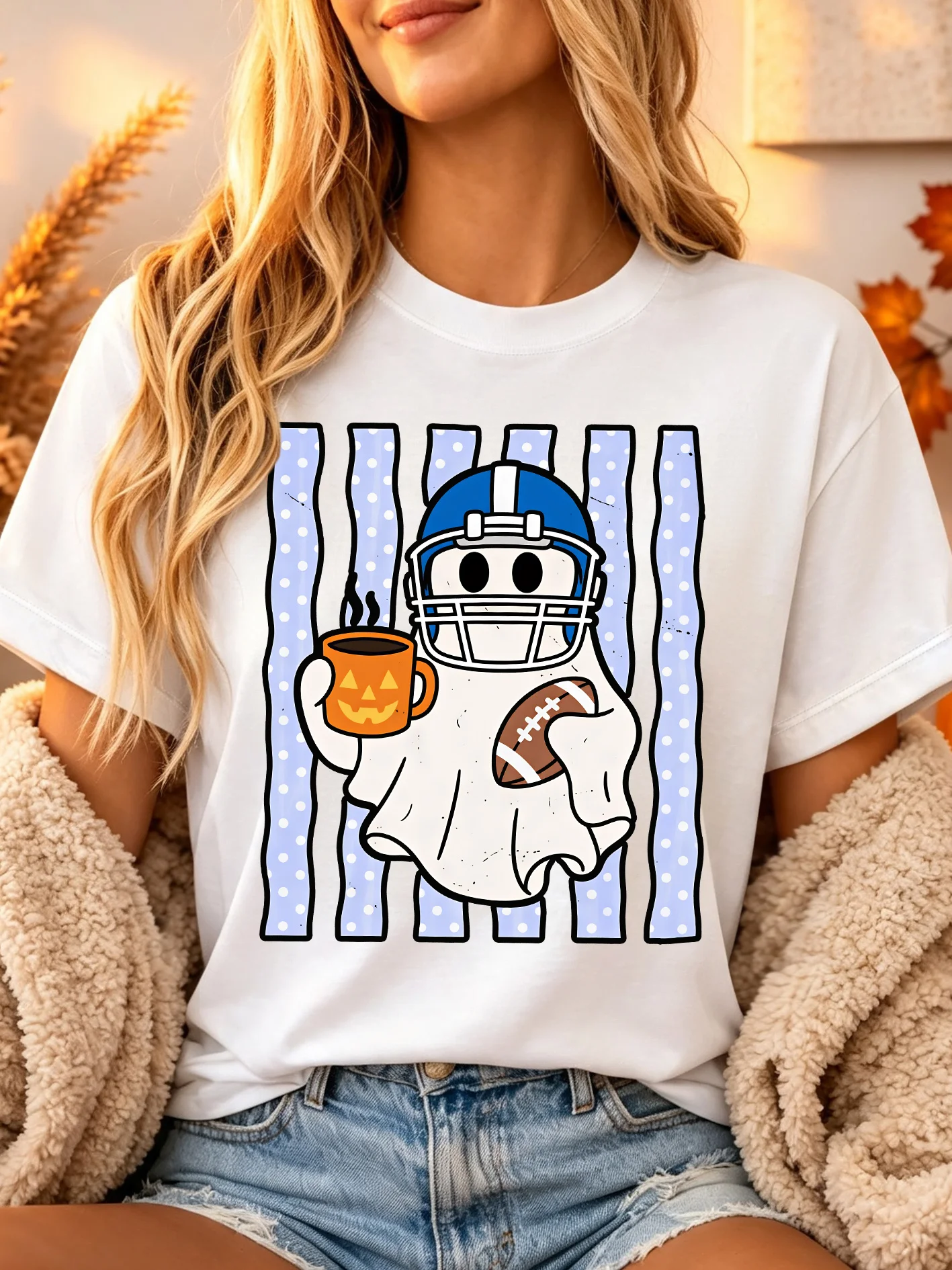 Halloween Ghost Football Helmet Coffee Cup Womens Crew Neck Short Sleeve T Shirt Polka Dot Stripe Casual Graphic Tees For Ladies