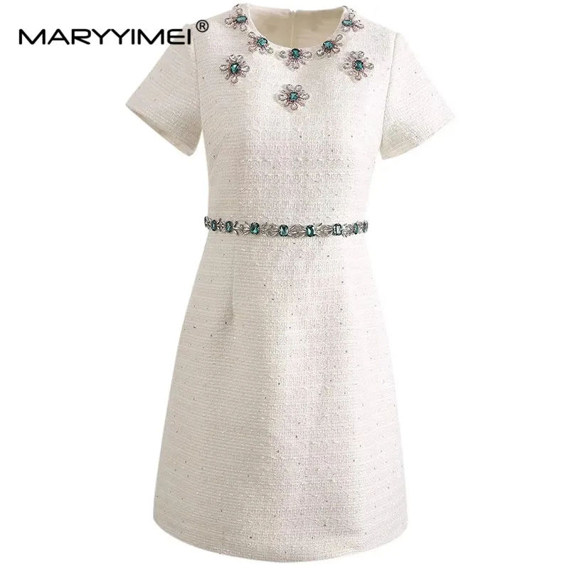 MARYYIMEI Fashion Designer Summer Women's dress Short sleeved Crystal Diamond Beading Elegant Mini Dresses