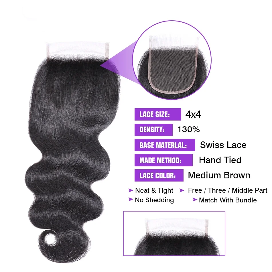 Body Wave Bundles With Closure 4x4 Lace Closure With Bundles Peruvian 100% Human Hair Bundles With Closure Free Part
