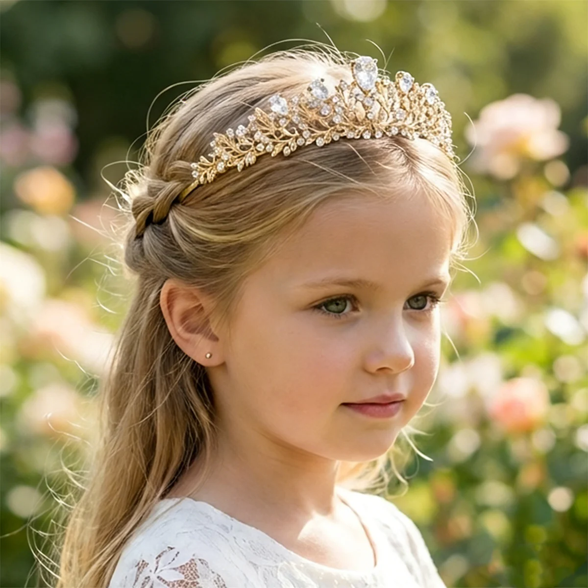 Elegant Gold Leaf Princess Crown Teardrop Crystal Tiara for Girls Flower Girl Headband Wedding Hair Accessories Birthday Party