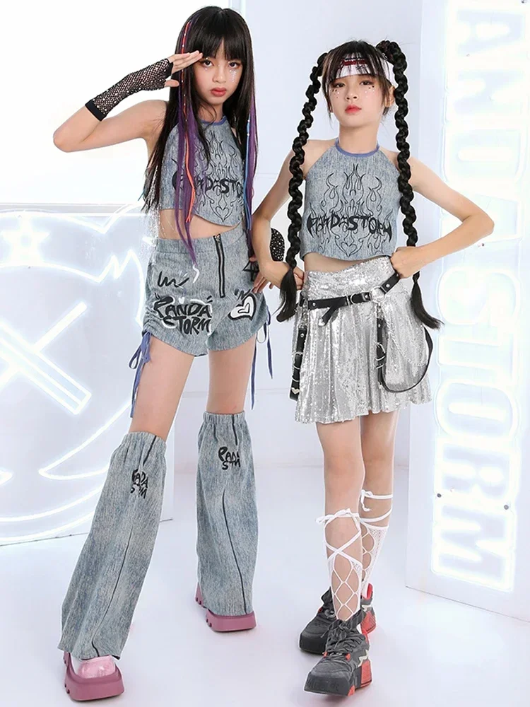 Kids Hip Hop Jazz Dance Clothes For Kpop Stage Outfits Girls Fashion Denim Vest Pants Cheerleading Performance Costume