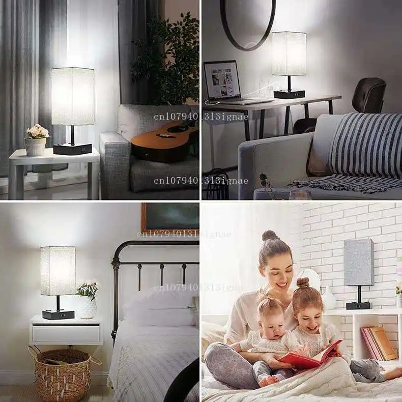Modern simple living room study bedroom bedside table light square linen USB US standard touch light