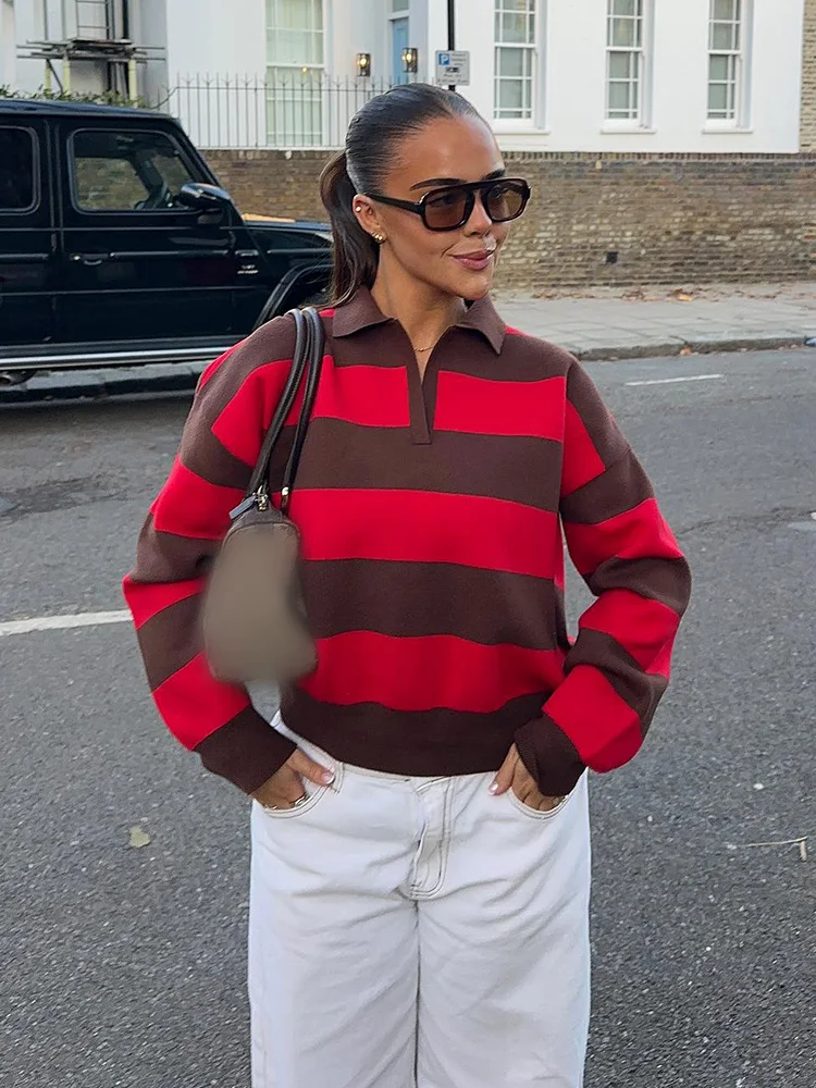 HH Woman Fashion Streetwear Loose Lazy 2-color Polo Collar Stripe Knitted Sweater Women Autumn Slim Long Sleeve Pullover Top