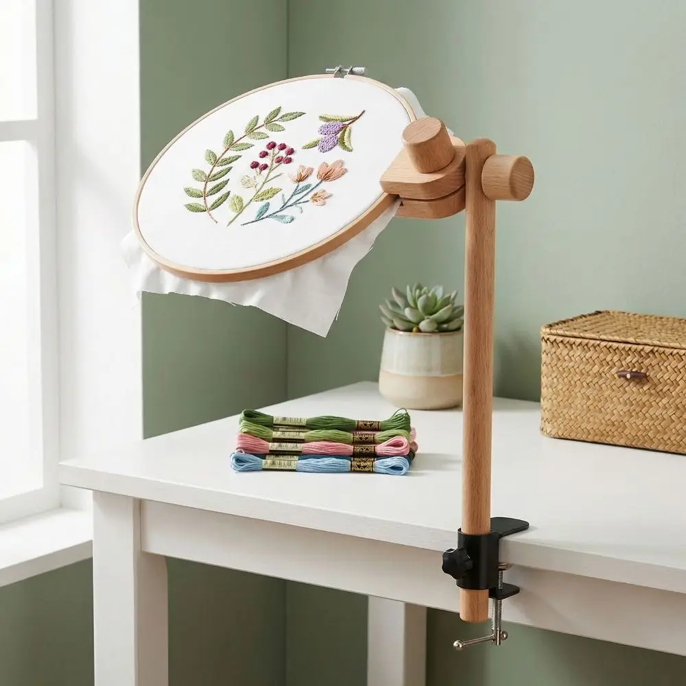 Beech Wood Embroidery Frame Lap Stand Adjustable Clamp 360 Degree Rotation Embroidery Hoop Holder Wooden DIY Needlework Stand