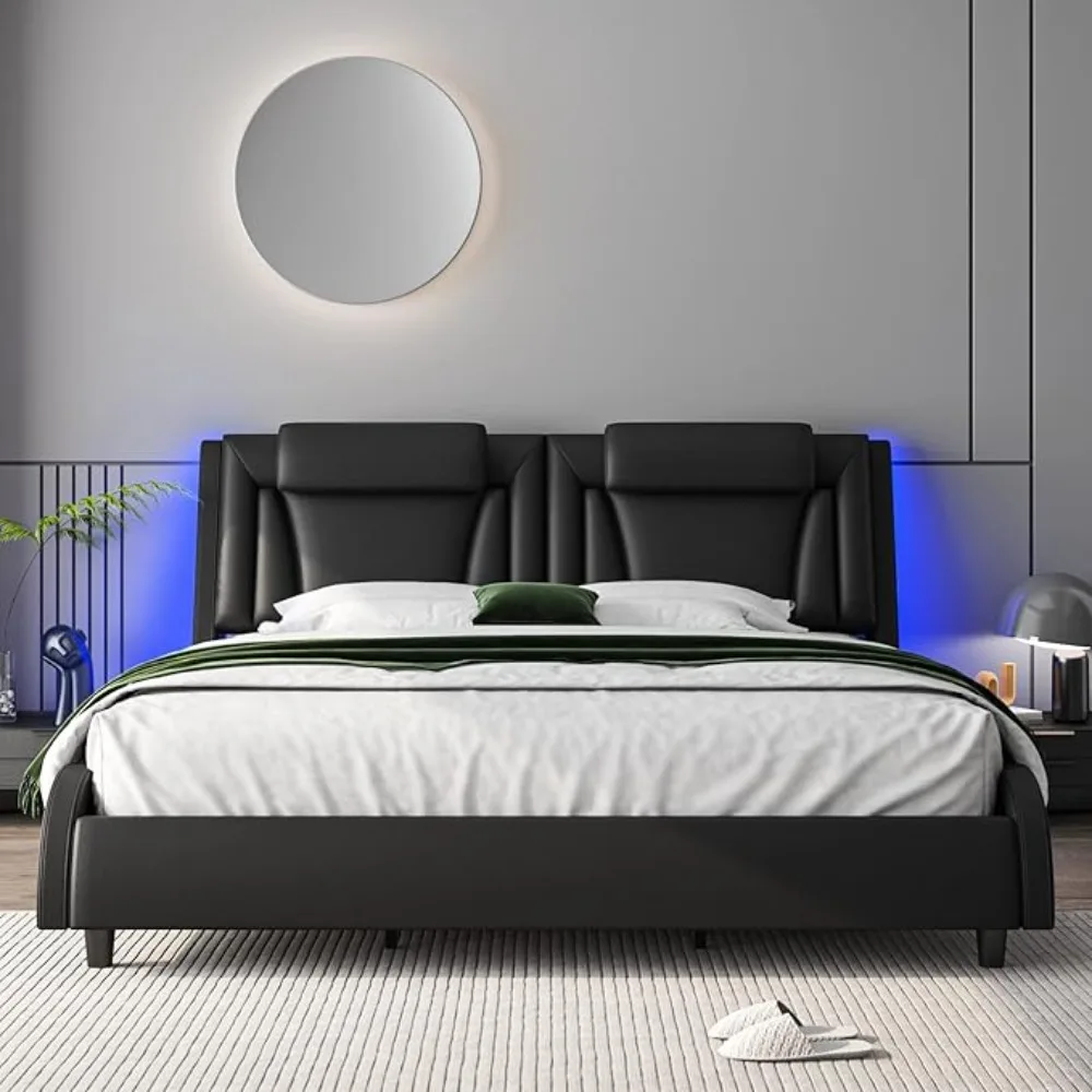 

Modern Upholstered Bed Frame with Adjustable LED Headboard, Pu Leather Platform Bed with Wave-Like Curve Design and Solid