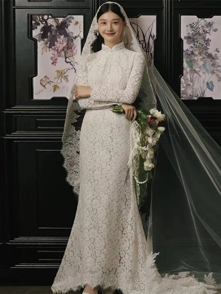 

Chinese Style Improved Cheongsam New Wedding Dress Bridal French Retro Lace Long Sleeve Textured Trailing