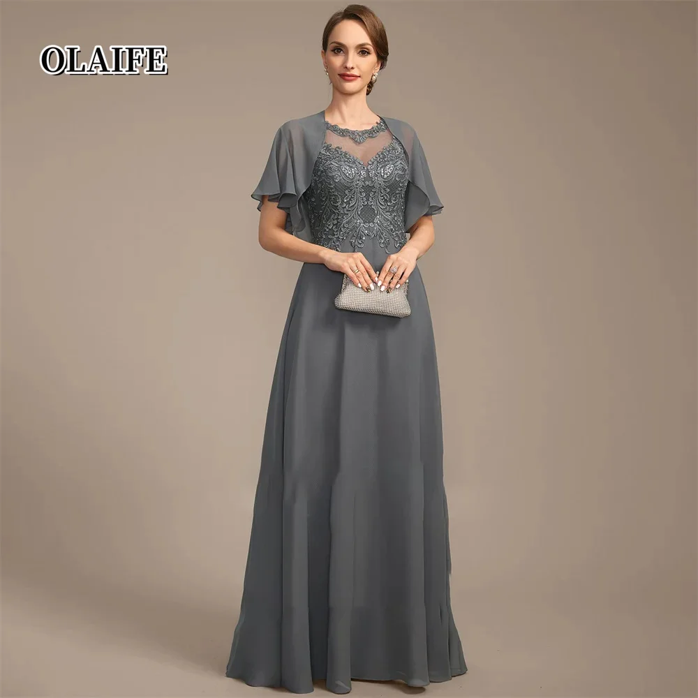 Neue U-Ausschnitt Mutter der Braut Kleid bodenlangen Chiffon Spitze A-Linie Abendkleider Vestidos Mae da Noiva Casamentos