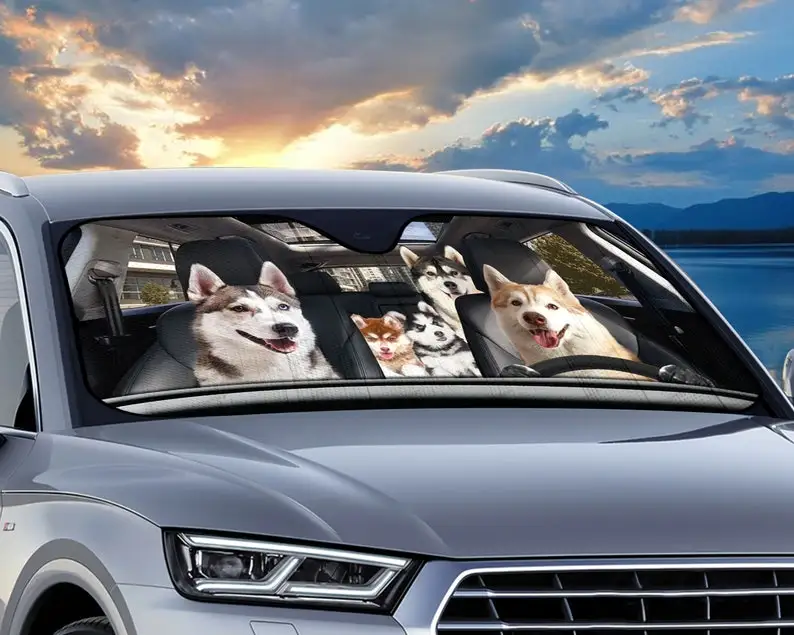 Husky Family Car Sunshade, Husky Lovers, funny gifts, Gifts for Dog mom, Car Auto Sun Shade, Car Sun Shade, Car Windshield, Car