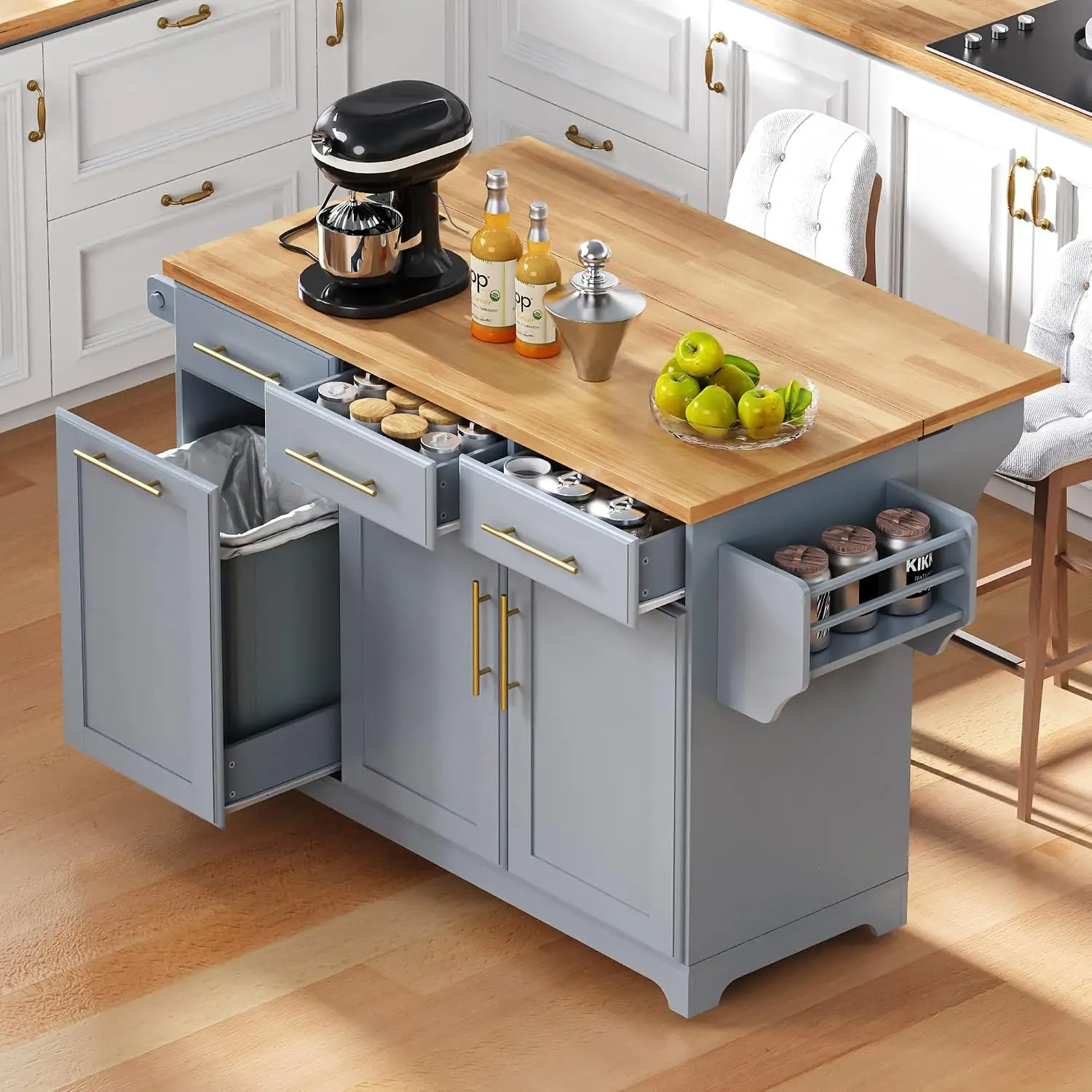 Drop Leaf Kitchen Island Wood Countertop Greyblue, Customized