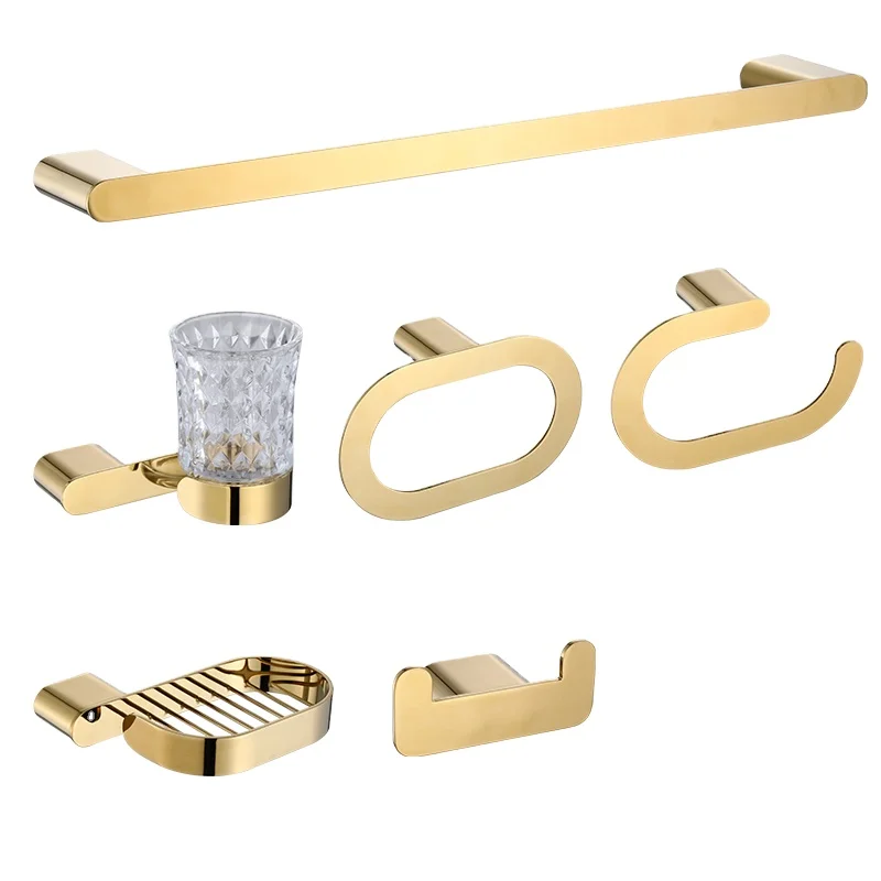 Gold 6-piece set Wall-mounted bathroom towel rack Brass gold zinc alloy bathroom accessories set