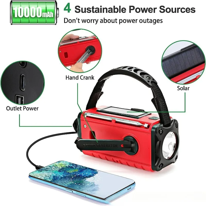 Solar Multifunctional Radio Flashlight SOS Alarm with Hand Cranked Power Generation 10000mAh Battery Emergency Charging