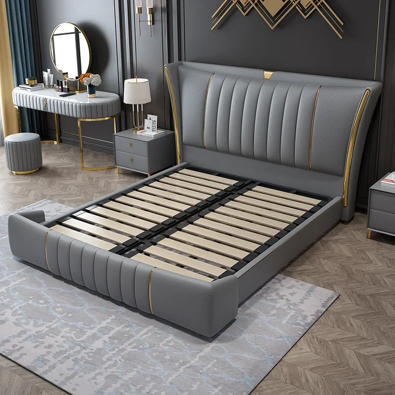 Storage Bed Frame with  Lift Leather Headboard Upholstered Bed in King Queen Size High End European Bedroom Furniture