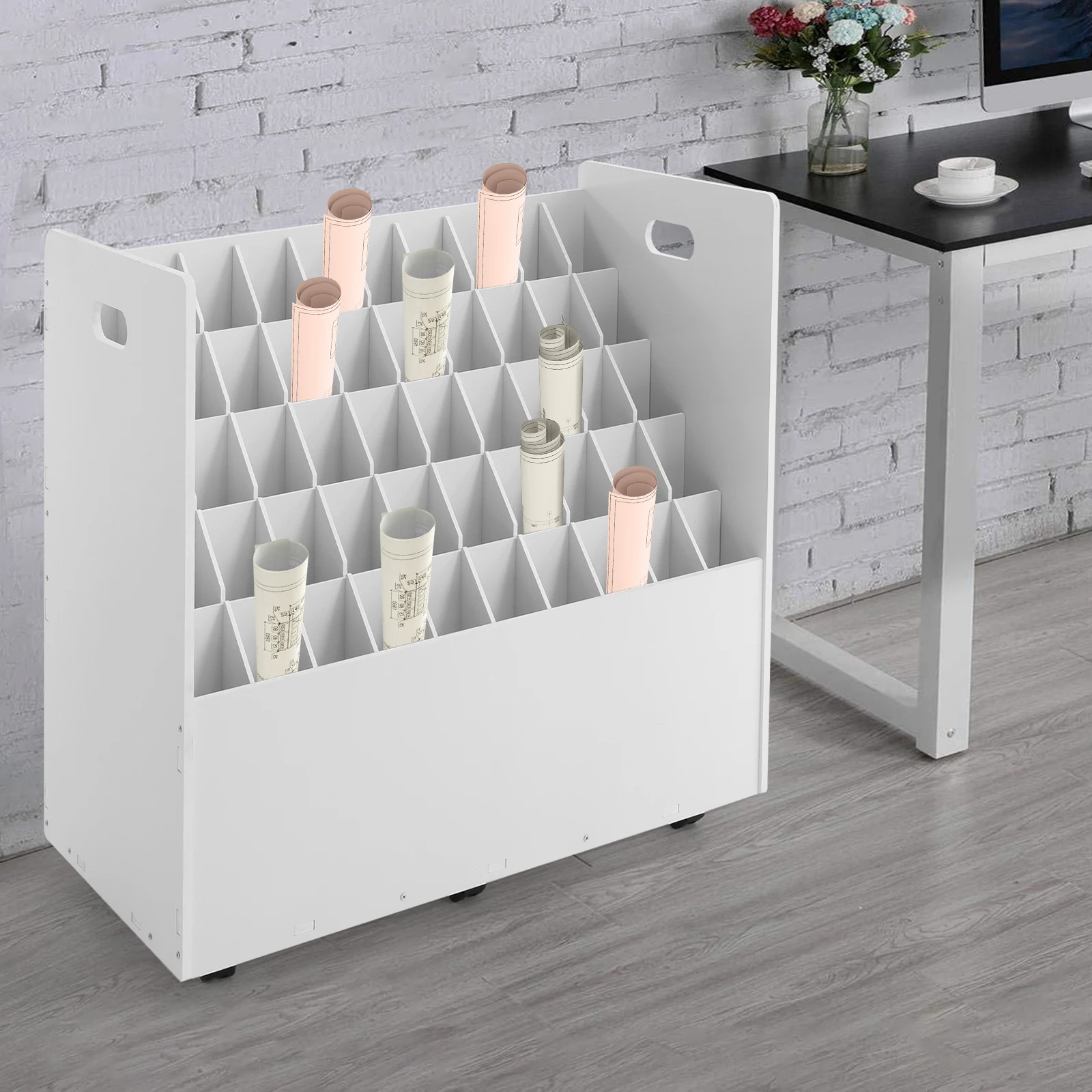 Organizzatore per progetti a 50 slot con ruote, carrello portadocumenti portatile per cartelle, organizer per file da ufficio bianco, schedario con ruote