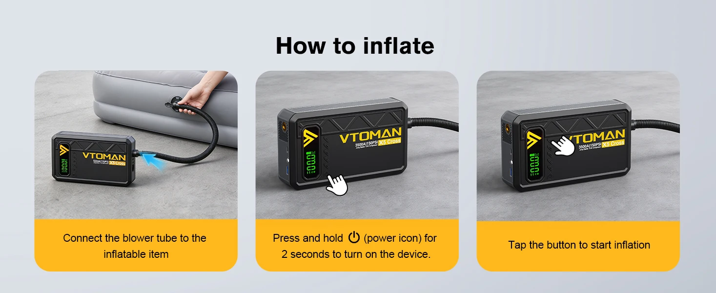 VTOMAN X5 Cross 5-in-1 Auto-Starthilfe 3500A Tragbare Autobatterie-Starthilfegerät mit Eingebautem 150PSI Luftkompressor Powerbank LED-Notlicht für Benzin- und Dieselautos – Detail 12