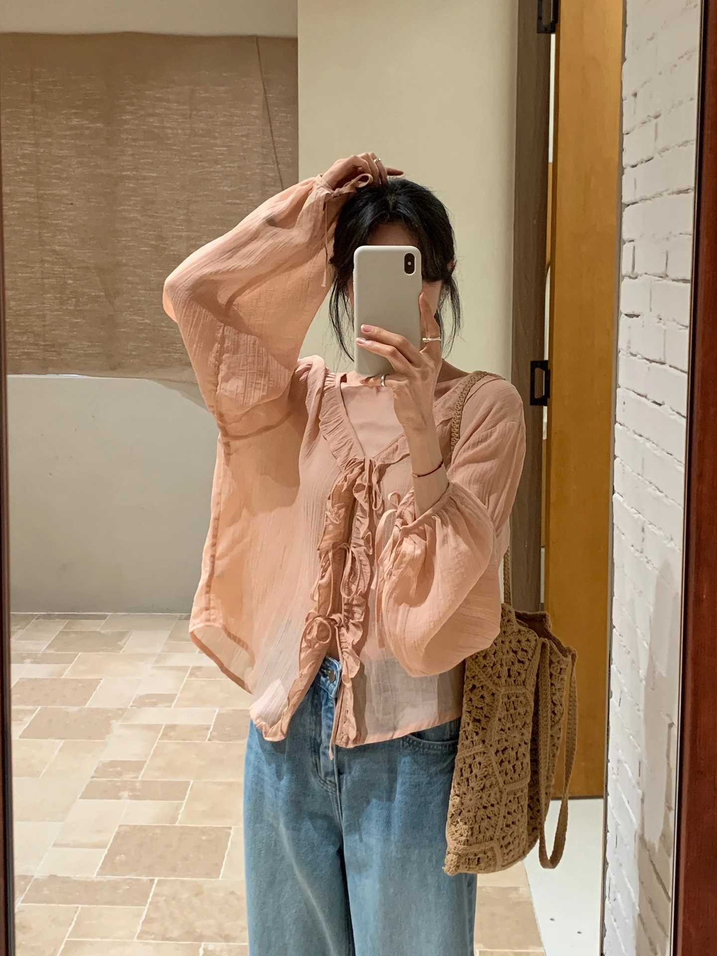 

Pink Ruffle Tie Long Sleeve Shirt Women's Spring New Sweet Style Ageless Versatile Slimming Thin Top Casual Loose Fit