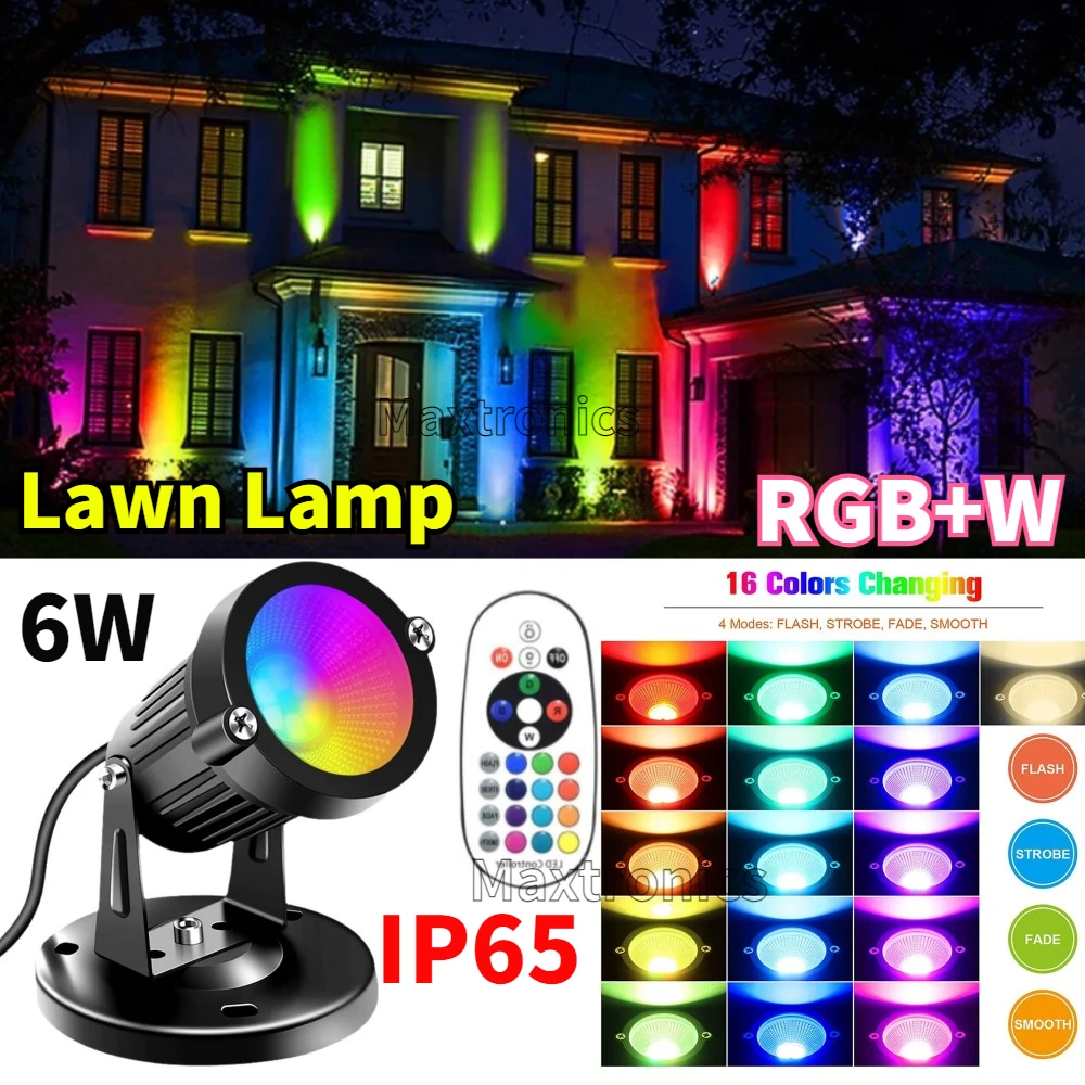 6W Outdoor 16 Color LED Garden Lawn Lights with Remote Control Landscape Lighting Flood Lamp Waterproof RGB+Warm White Spotlight