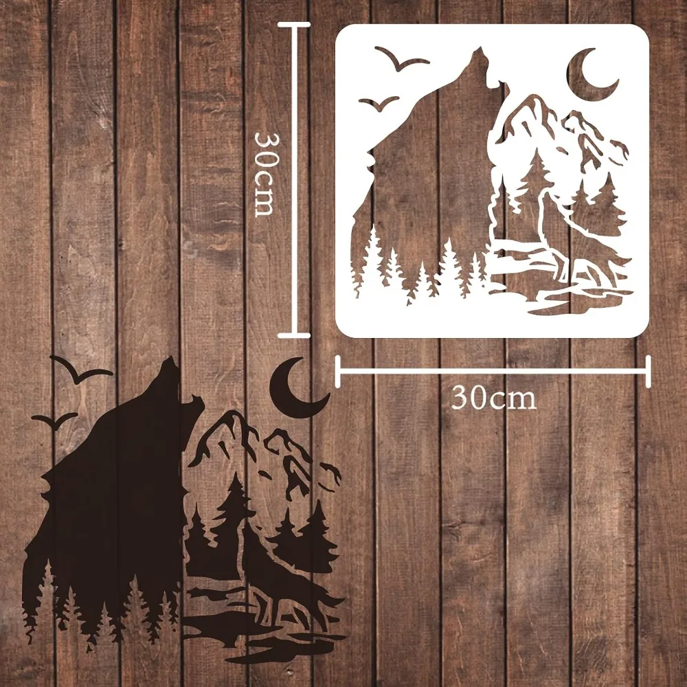 Forest Wolf Stencils Template 11.8x11.8 inch Plastic Forest Mountain Moon Patttern Stencils Reusable Wildlife Animal Stencils