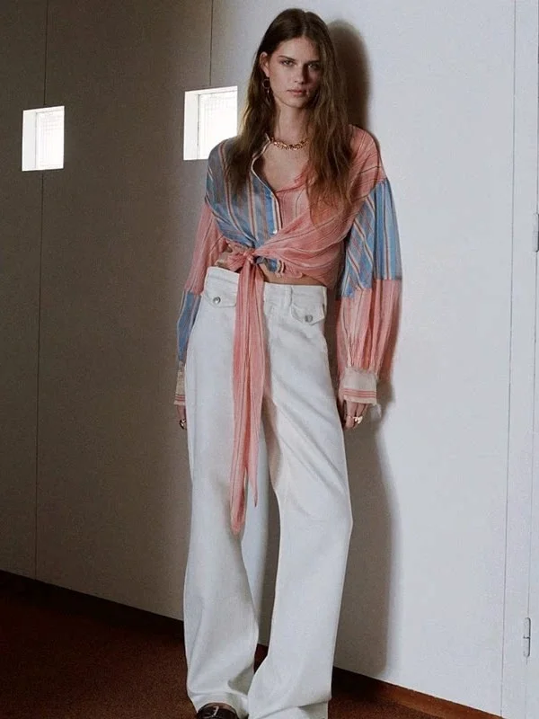 

Casual Stripe Patchwork Belted Shirt Women's Spring Summer Breathable Polyester Fiber High Collar Short Length Open Cardigan