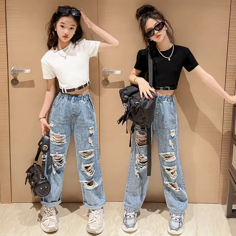 Fashion Girls Clothes Sets Summer Short Sleeve T-shirt + Ripped Jeans Pants 2PCS Children Clothing Kids Outfits Teen 6 -14 Year