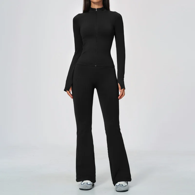2Pcs Women Fitness Yoga Set Zip Stand Collar Jacket High Elastic Flared Pants Seamless Slim Fit Gym Workout Fashion Tracksuit