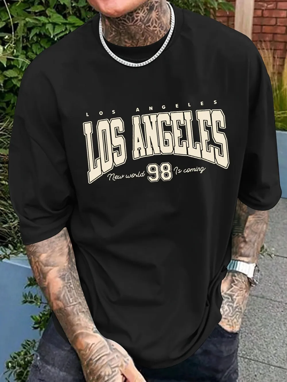 Fashionable new men's summer Los Angeles printed breathable round neck T-shirt outdoor casual versatile top
