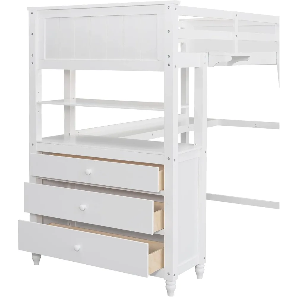 Twin Size Loft Bed Met Bureau En Dressoir, Houten Bed Met Opbergladen En Planken Voor Kinderen Tieners, Geen Boxspring Nodig, Wit